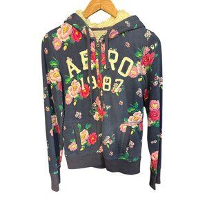 Aeropostale Y2K Womens Hoodie Zip-Up Jacket Floral Print With Fleece Lining Medi